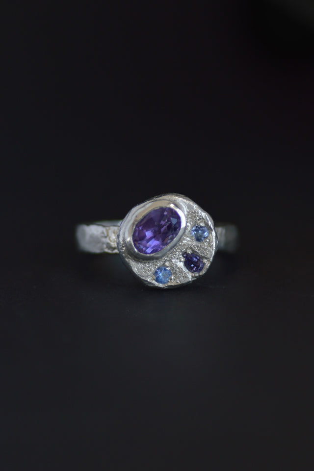 Sculpture Amethyst, Sapphire & Tanzanite Silver Ring 1208-4
