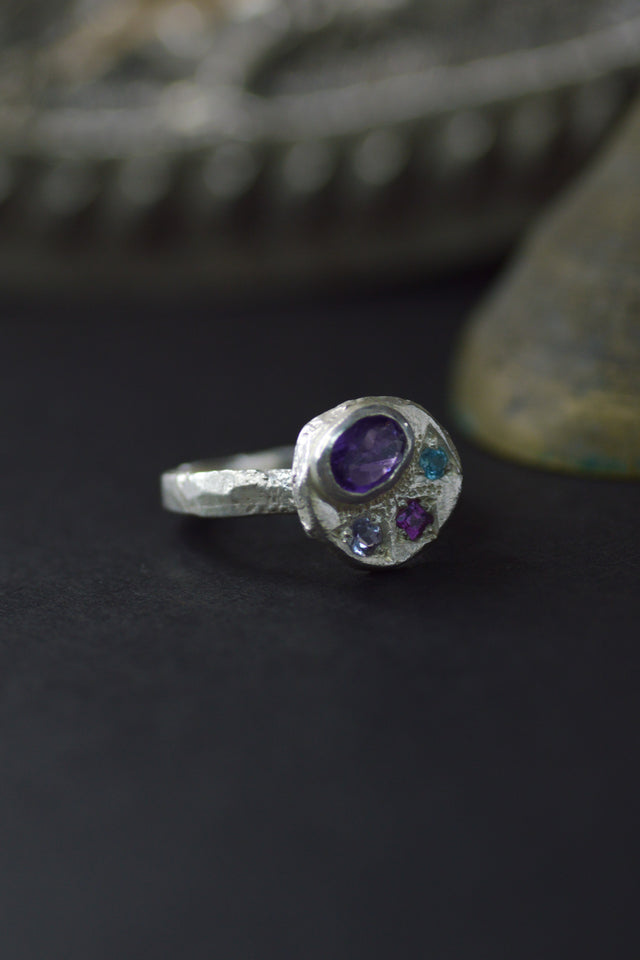 Sculpture Amethyst, Topaz, Garnet & Sapphire Silver Ring 1247-3