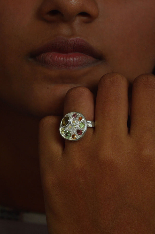 Palette Zircon,Tourmaline & Sapphire Silver Ring 746-1