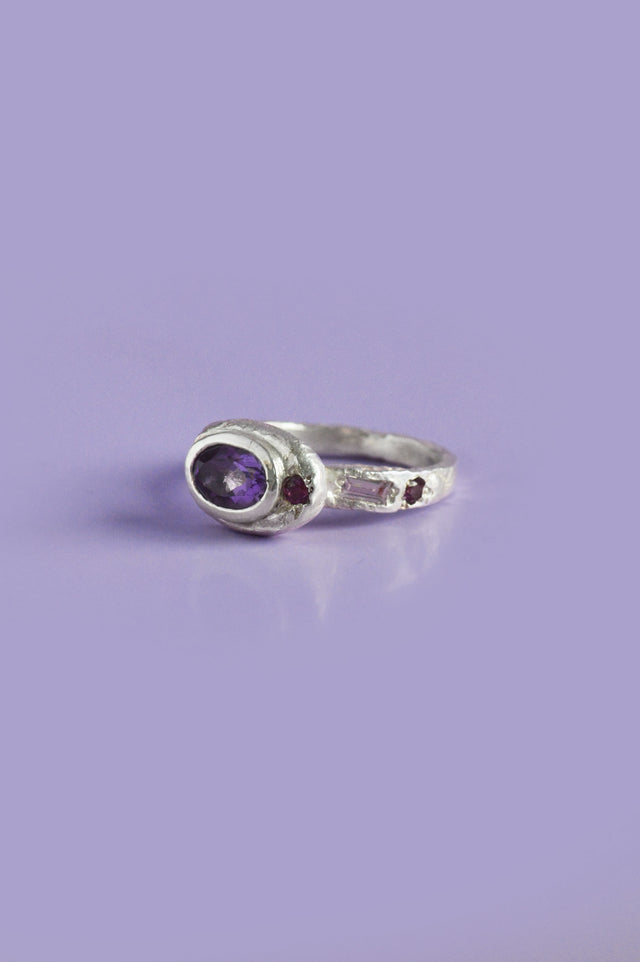Poet Amethyst, Sapphire & Garnet Silver Ring 747-1