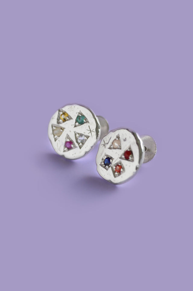 Navaratna Silver Disc Stud Earrings