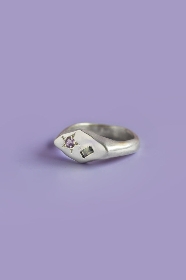 Frankie Green Sapphire & Pink Tourmaline Silver Signet 906-2