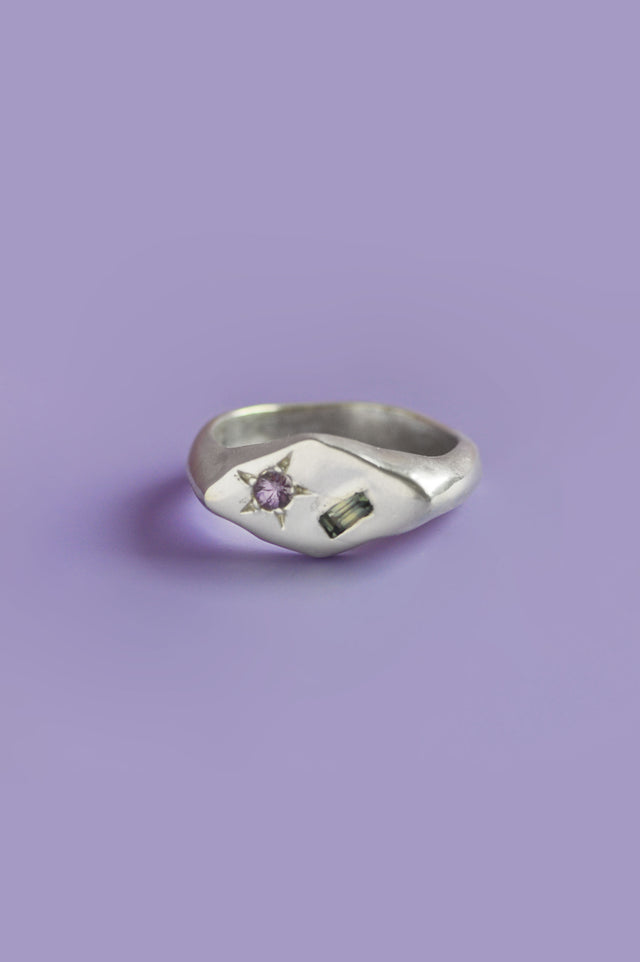 Frankie Green Sapphire & Pink Tourmaline Silver Signet 906-2