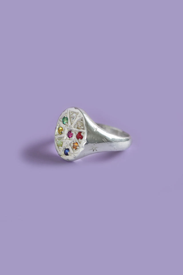 Navaratna Silver Signet Ring
