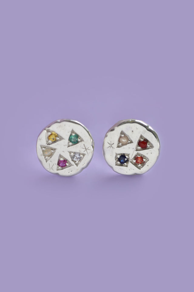 Navaratna Silver Disc Stud Earrings