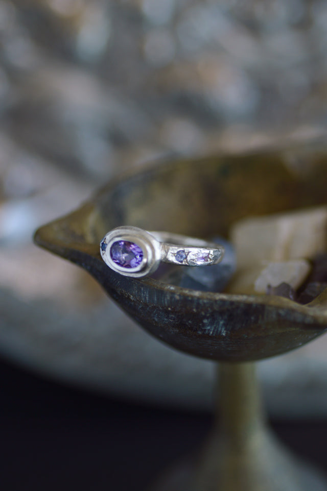 Poet Amethyst, Sapphire & Tanzanite Silver Ring 1080-4